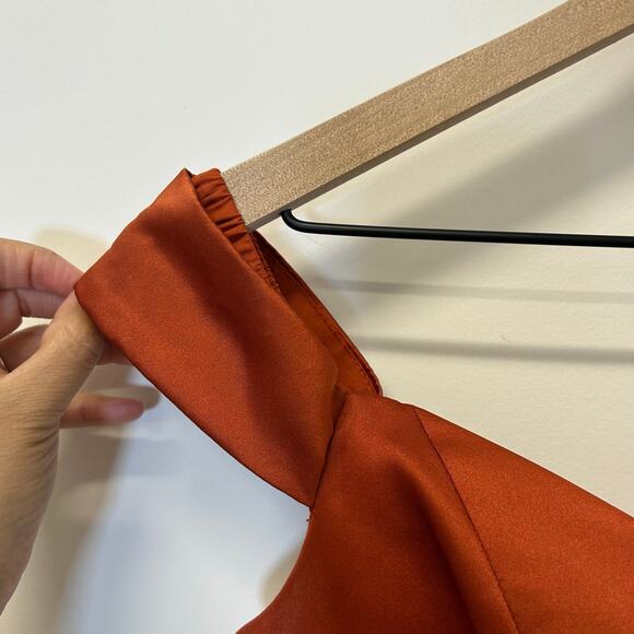 David's Bridal Celebrate Studio Off-Shoulder Satin A-Line Dress Burned Orange 6 - Picture 8 of 12